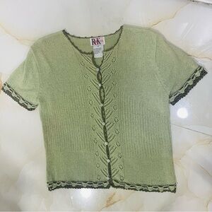 RK Women's Size 6P Green Short Sleeve Button Front Cardigan Sweater Crochet Hem